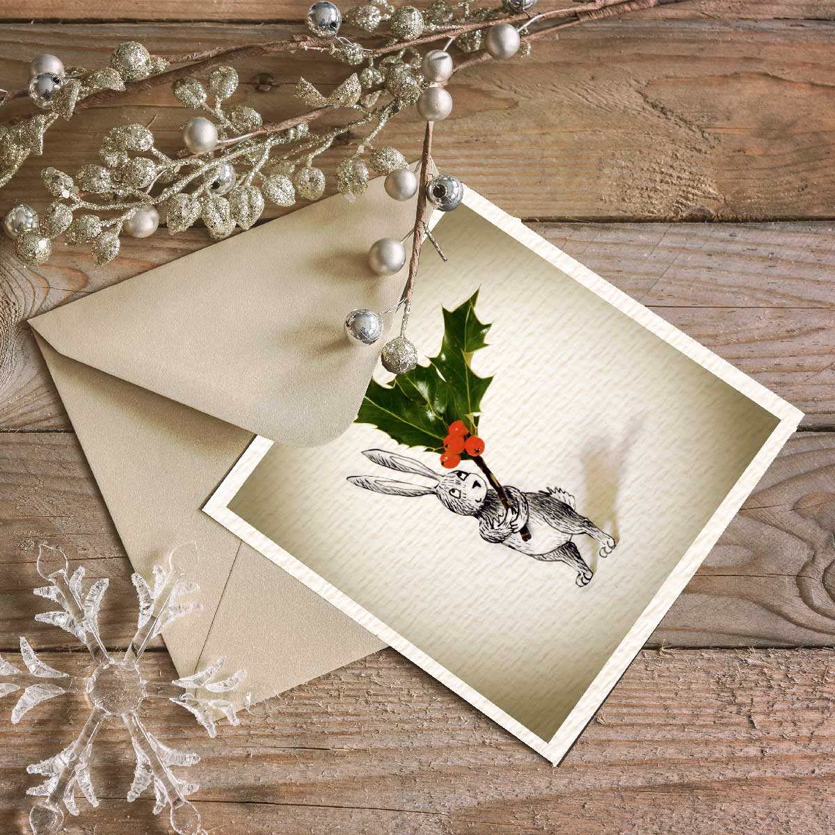 Luxury Christmas Rabbit - Holly Christmas Card
