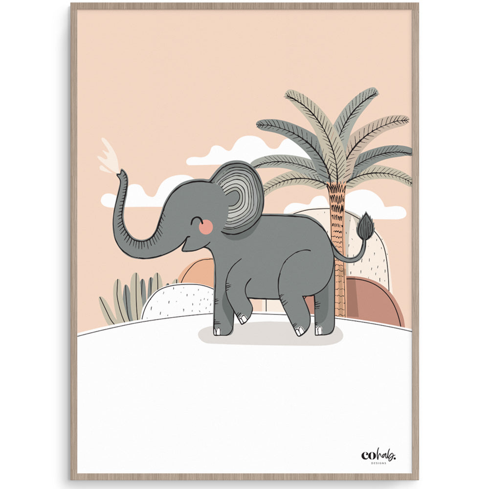 Jungle Elephant Peach Nursery Print
