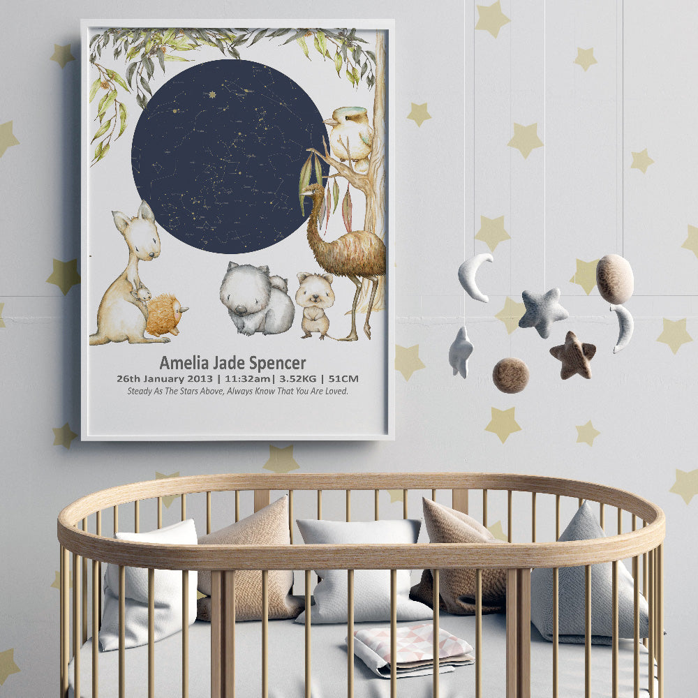 Night Sky Star Map Birth Print  With Australian Animals