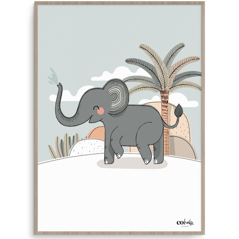 Jungle Elephant Sky Blue Nursery Print